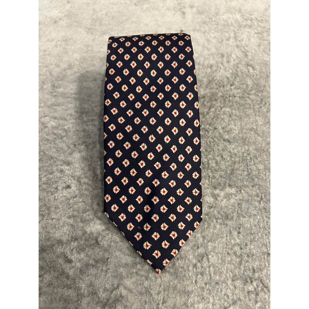 Lord & Taylor Silk Tie Navy Blue Red Cream Geometric Diamond Pattern